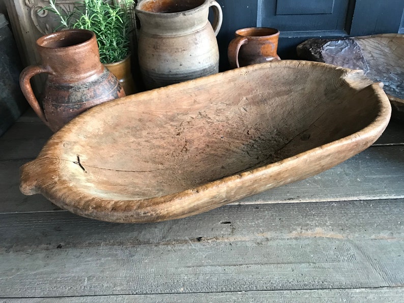 Antique Handcarved Wood Bowl, Primitive, Repair, Trencher, Cheese Trough, Dough Proofing Bowl, Rustic Farm Table, European Farmhouse Decor image 2
