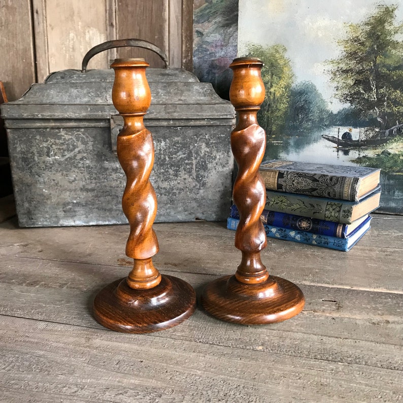 English Oak Barley Twist Candlesticks, 9 inch, Rustic Wood Candle Holders, Edwardian Era, Pair, Set of 2 image 3