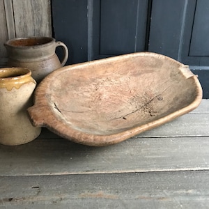 Antique Handcarved Wood Bowl, Primitive, Repair, Trencher, Cheese Trough, Dough Proofing Bowl, Rustic Farm Table, European Farmhouse Decor image 1