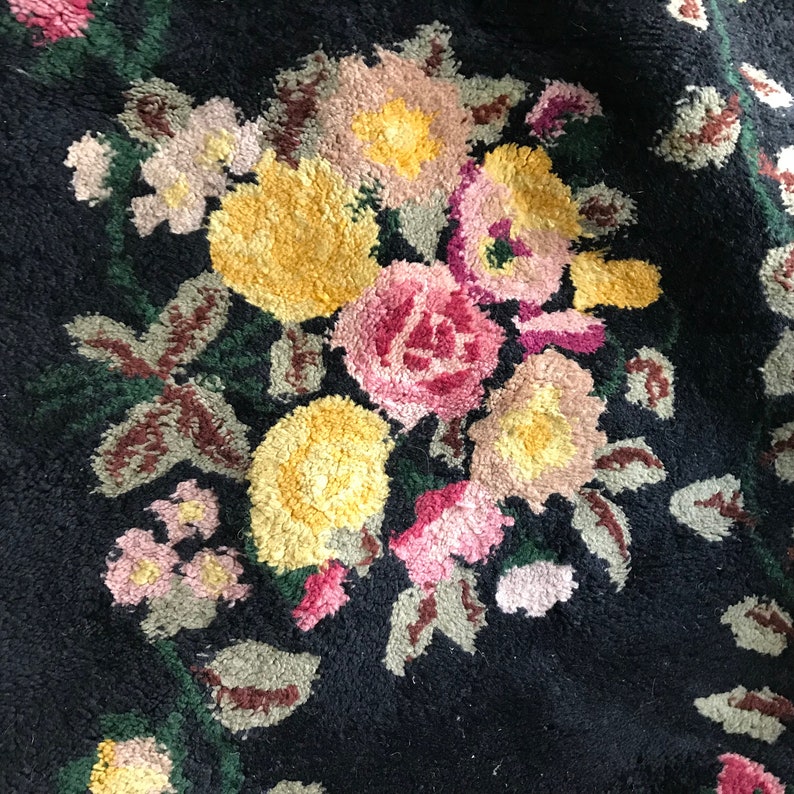 Folk Art Hooked Rug, Artisan Hand Hooked Rug, Floral Roses, Americana, Restoration Project image 3