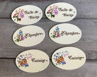 1 French Enamel Door Plaque, Floral Sign for Chambre, 1 Available