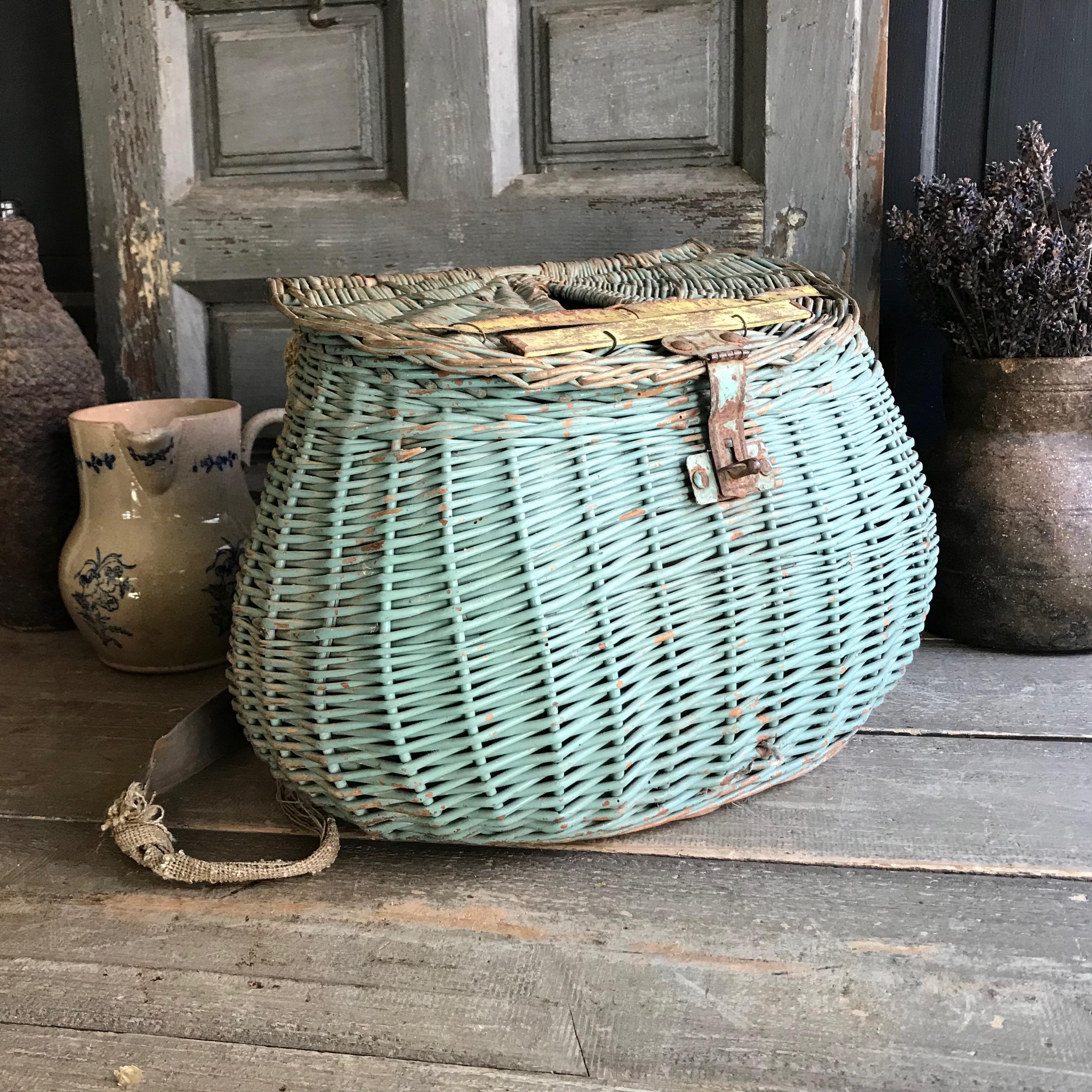 French Fly Fishing Basket, Willow Basket, Painted Blue Finish