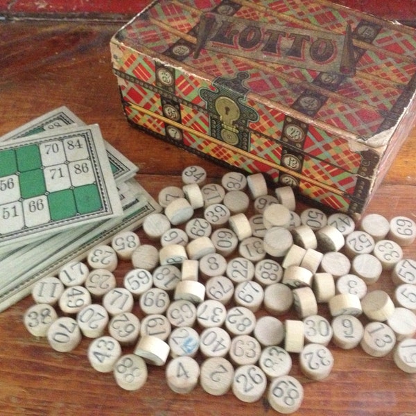 US Version French Lotto Game Box ~ Boxwood Counters ~ Game Cards ~ Springfield, Mass, US Made