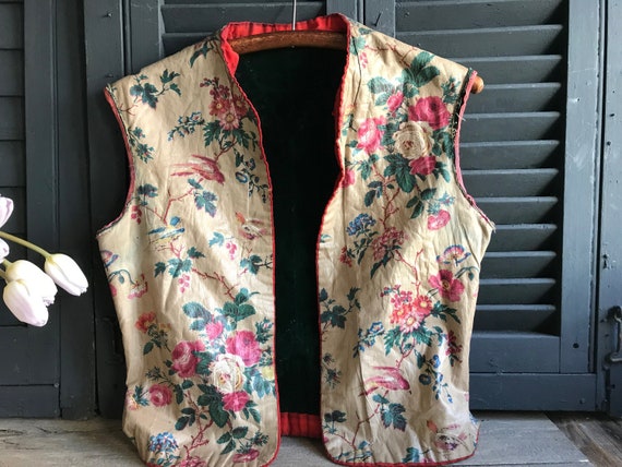 19th C Floral Waistcoat, Rare, French, Cotton, Li… - image 2