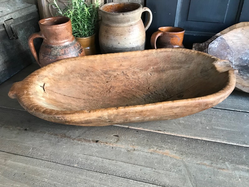 Antique Handcarved Wood Bowl, Primitive, Repair, Trencher, Cheese Trough, Dough Proofing Bowl, Rustic Farm Table, European Farmhouse Decor image 5