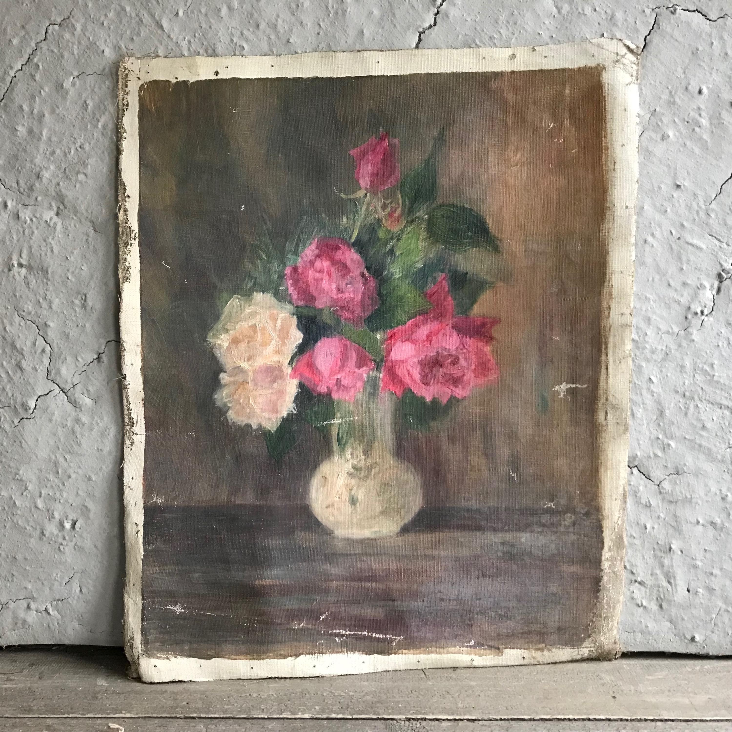 アンティーク フランス花油絵、花瓶のバラの花、ピンクのバラ、静物画