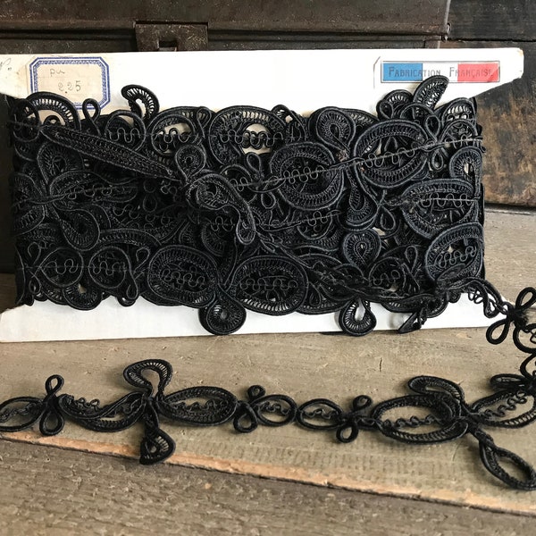 French Black Silk Looped Passementerie, Dressmakers Trim, Original Card, 19th C French Textiles, Victorian Era