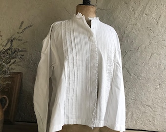 French White Cotton Chemise Blouse, Chemisier, Lace Collar, Embroidery, Tuck Seams, French Farmhouse