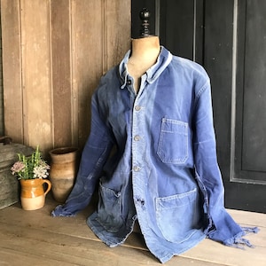 French Indigo Work Jacket, Bleu De Travail Coat, Denim, Worn, Faded, Garden, Chore Wear, Farmhouse, Homesteading, Peasant