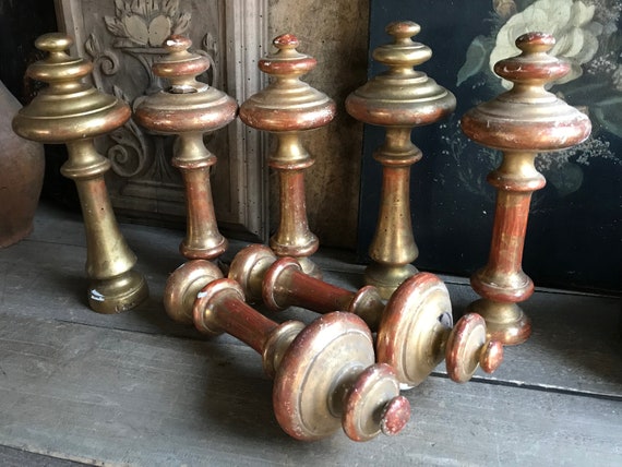 1 French Wood Finials, Gilded Gesso, 10 Inch, Turned Wood, Canopy,  Bannister, Chateau Decor, Drapery Rod Ends, Tie Backs, Architectural Wood 