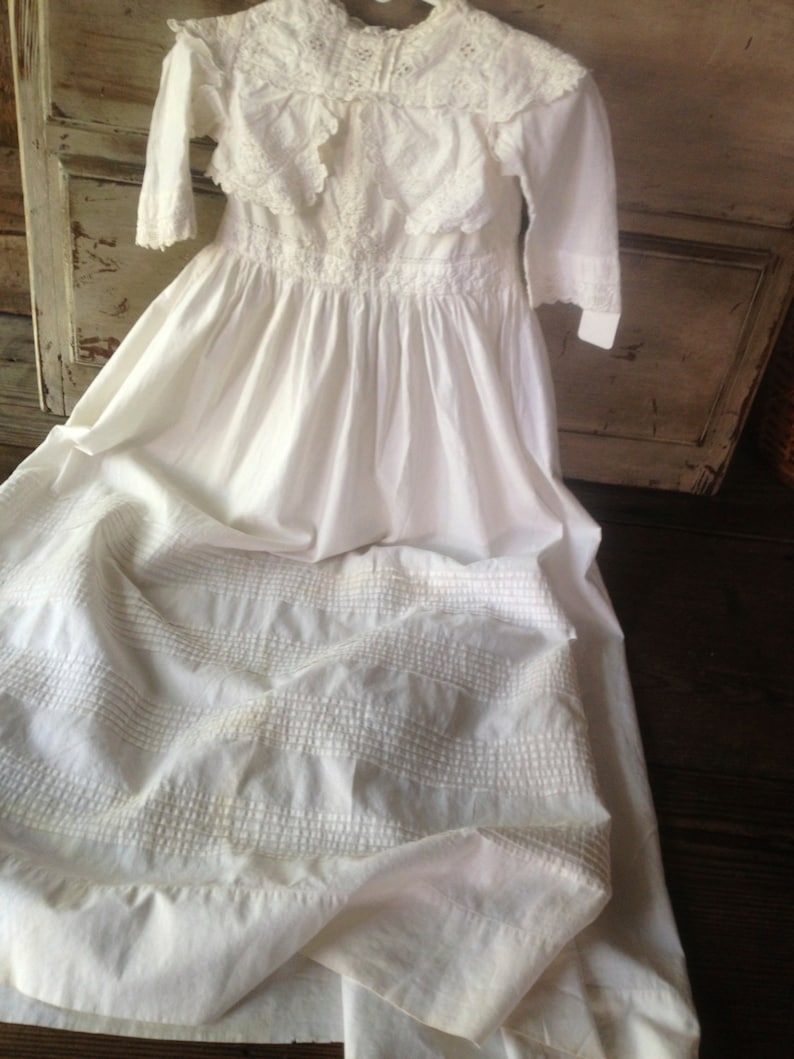 Victorian Edwardian Baby Dress Christening Gown Fine Cotton Lace Handmade Antique