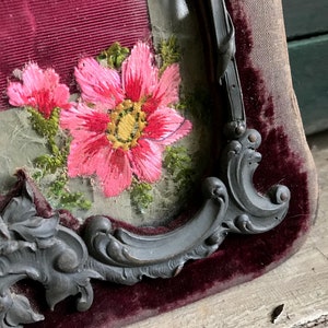 French Keepsake Picture Photo Frame, Velvet Metal Frame, Watered Silk, Floral Embroidery Appliqué image 7