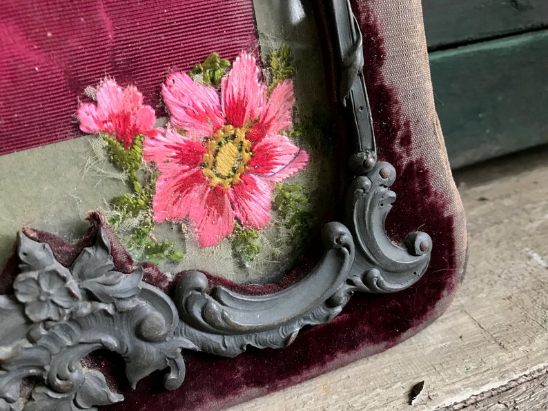 French Keepsake Picture Photo Frame, Velvet Metal Frame, Watered Silk, Floral Embroidery Appliqué image 7