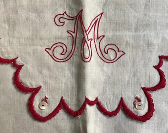 French Linen Sachet Case, Pillow, Lingerie, Hand Embroidered Monogram, French Farmhouse Antique