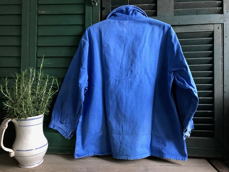 French Indigo Work Wear Jacket, Bleu De Travail Coat, Denim, Patch Repairs, Garden, Chore Wear Farmhouse Peasant image 3