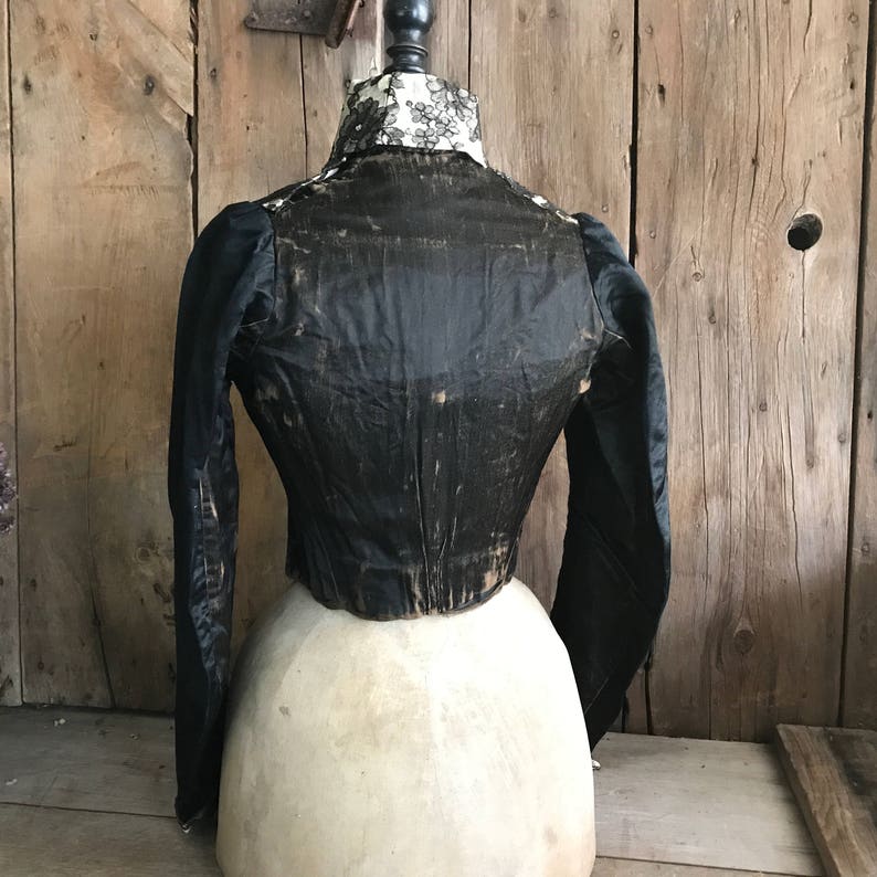 Antique Black Jacket, Victorian Steampunk, 1800s Silk and Lace Bodice image 6