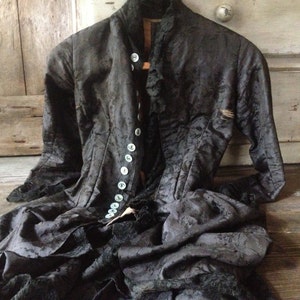 Victorian Silk Damask Jacket Bustle Black Chantilly Lace Handpainted Buttons Period Costume