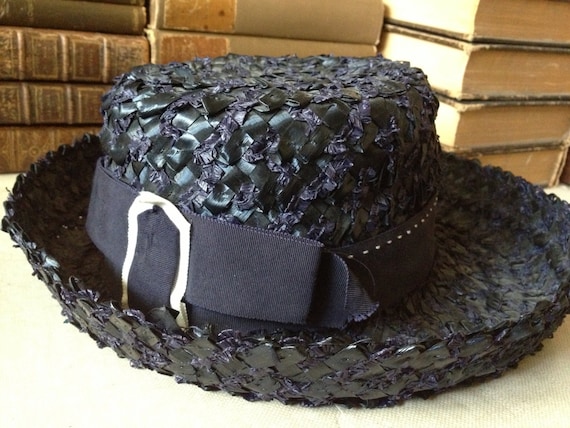 Ladies Straw Hat, Jane Morgan New York, Navy Blue… - image 2