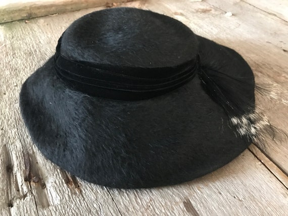 1960s French Ladies Hat Black Mohair Felt Wide Brim With  display picture 2