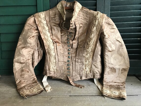 Victorian Boned Silk Brocade Blouse, Lace Victoria