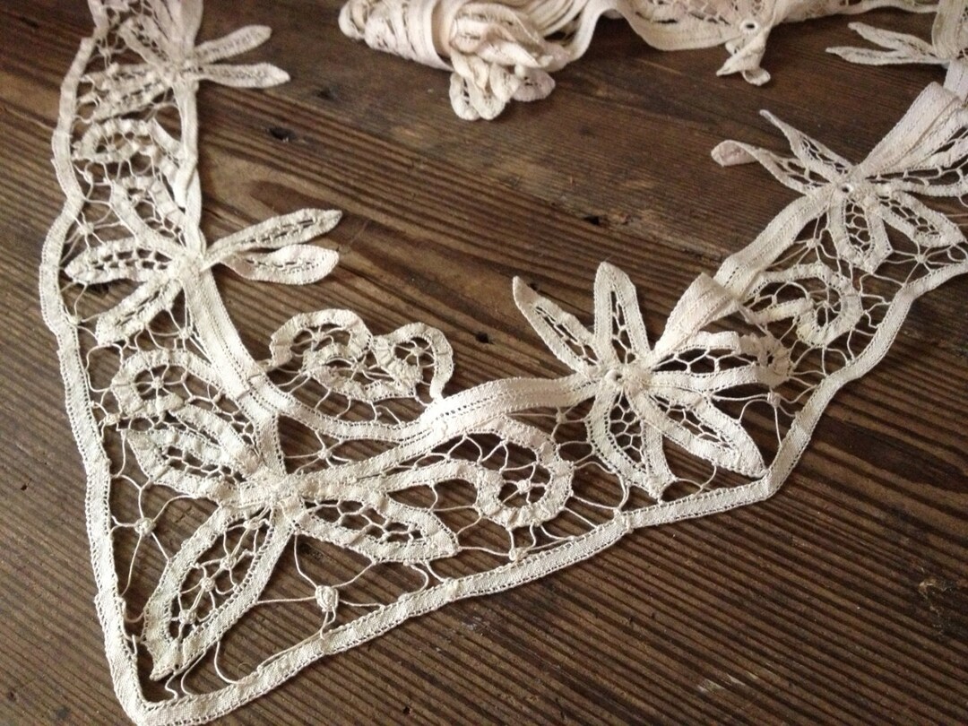 Antique Battenberg Lace Trim, Ecru, 29 Inch Length Handmade Bobbin