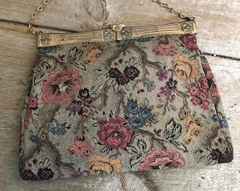 Floral Tapestry Carpet Bag, Art Deco, Antique Handbag Purse