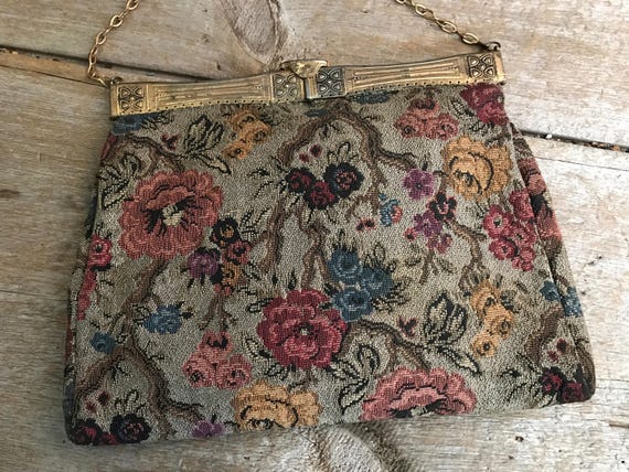 Floral Tapestry Carpet Bag, Art Deco, Antique Han… - image 1