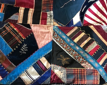 Victorian Crazy Quilt, Silk Satin Velvet Hand Sewn Embroidery, Antique Americana Quilt