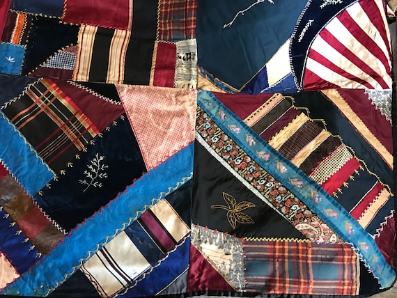 ビクトリア朝のクレイジーキルト、シルクサテンベルベットの手縫い刺繍