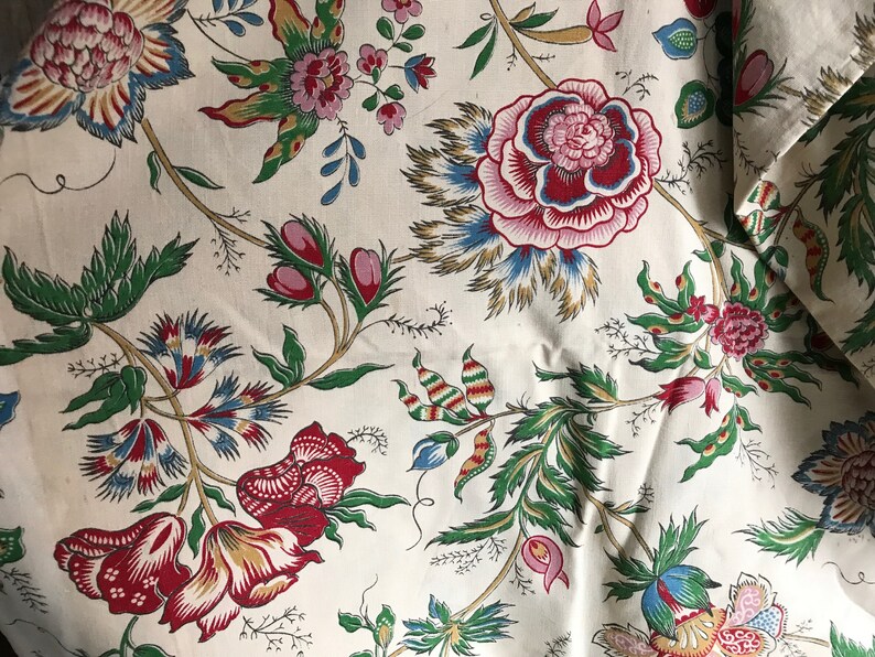 French Cotton Indienne Floral Fabric by Marignan, Drapery, Historical Sewing Textiles, Period Projects image 1