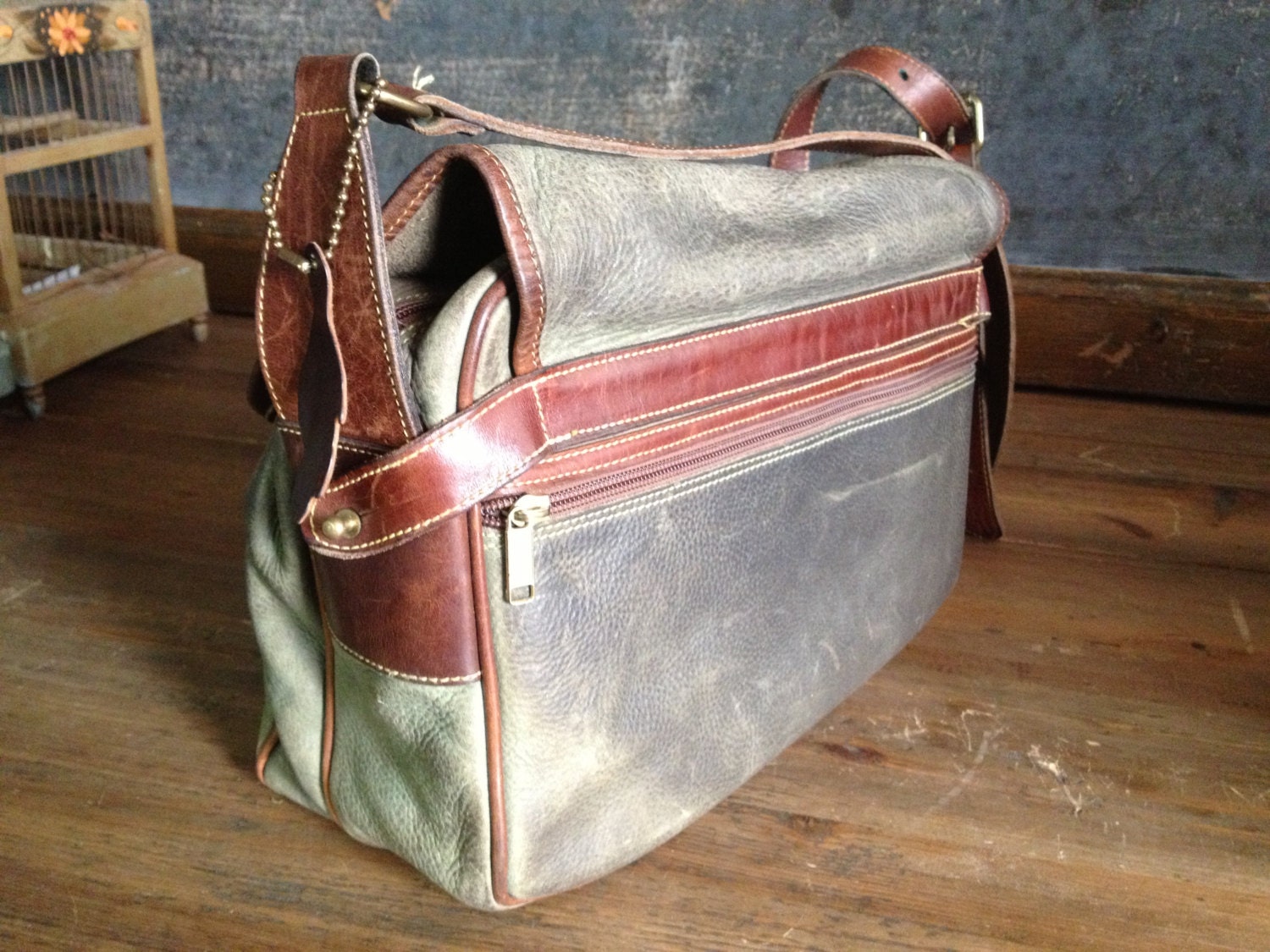 Leather Olive Green Canvas Bag Vintage Roots Canada Full Etsy