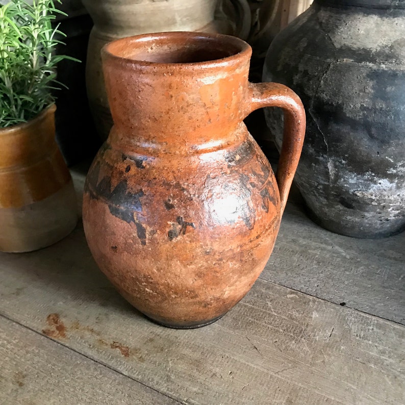 Antique Pottery Jug, Pitcher, Vase, Redware, Folk Art, Rustic Terra Cotta, Hand Thrown, Hand Painted, 19th C, Rustic Farmhouse, Farm Table image 7