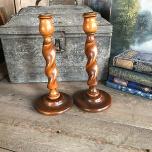 English Oak Barley Twist Candlesticks, 9 inch, Rustic Wood Candle Holders, Edwardian Era, Pair, Set of 2 image 4