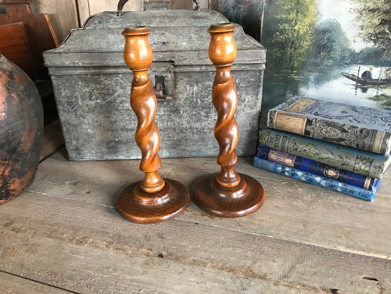 English Oak Barley Twist Candlesticks, 9 inch, Rustic Wood Candle Holders, Edwardian Era, Pair, Set of 2 image 4