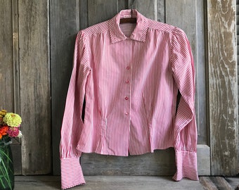 French Red Cotton Stripe Blouse Shirt, Fitted, Retro Sportswear, 1950s Casual Wear