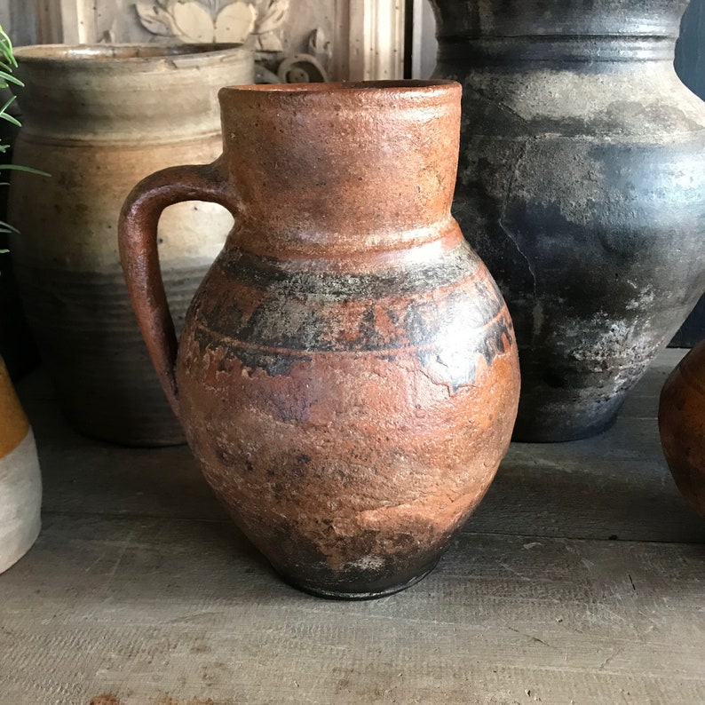 Antique Pottery Jug, Pitcher, Vase, Redware, Folk Art, Rustic Terra Cotta, Hand Thrown, Hand Painted, 19th C, Rustic Farmhouse, Farm Table image 4