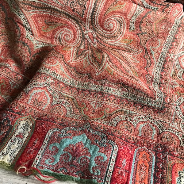 Szalik wełniany Paisley, XIX wiek, szal na koc, chusta Paisley, dzianinowy szalik, rzut klasyczny tradycyjny design drobno tkany antyk, KH