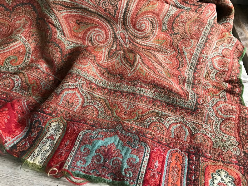 Paisley Wool Scarf Shawl, 19th Century, Blanket Scarf, Paisley Wrap, Knit Scarf, Throw Classic Traditional Design Finely Woven Antique, KH image 1