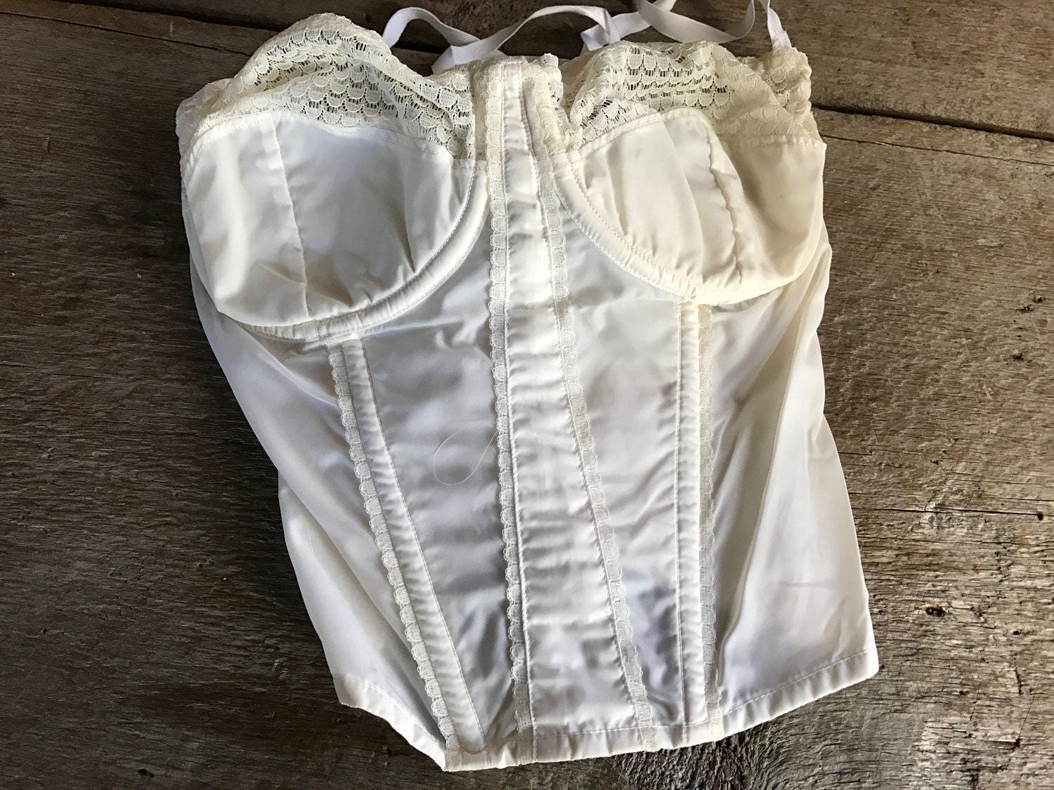 1950s Star Paris White Lacy Bustier, Nylon Boned Corset Bra 1950s Star Paris White Lacy Bustier, Nylon Boned Corset Bra
