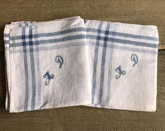 1 French Linen Handkerchief, White Indigo Blue Stripe, Embroidered Monogram A D