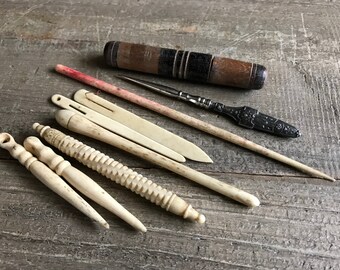 Antique Needle Collection, Treen Turned Wood Needle Case, Sewing Notions, Needle Threader, Mending Supplies, Nautical, Crafting