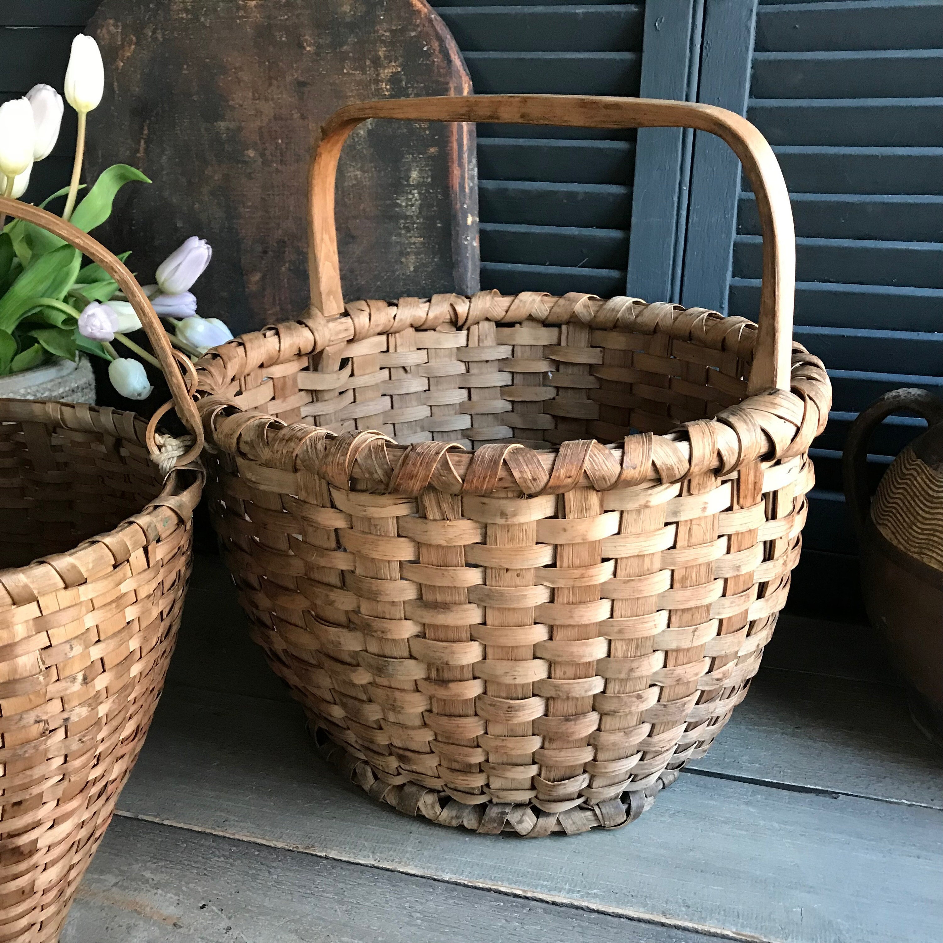 Rustic Willow Gathering Basket, Wicker, Wood Handle, Slat Basket