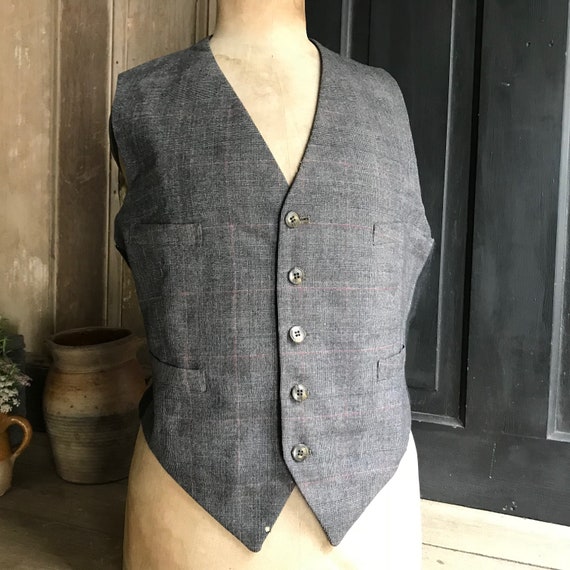 French Wool Tweed Waistcoat, Black, Gents Vest, B… - image 4