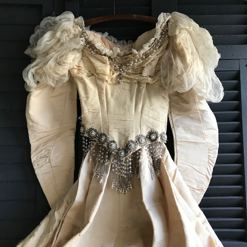 19th C Beaded Silk Wedding Dress, Oyster Cream, ca 1892, For Restoration, LM image 1