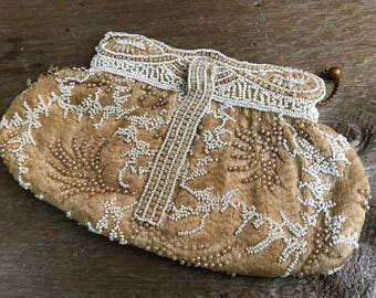 Antique Beaded Purse, Handbag, Wristlet, White Cream Silk Satin, Bridal Dress Clutch