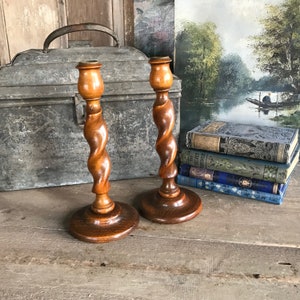 English Oak Barley Twist Candlesticks, 9 inch, Rustic Wood Candle Holders, Edwardian Era, Pair, Set of 2 image 10