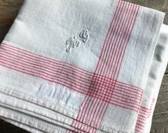 French Red Striped Handkerchief Set, Monogrammed, Linen Cotton, Set of 8