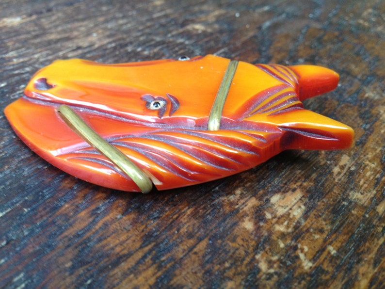 Amber Butterscotch Bakelite Horse Pin Brass Carved Horse Head Brooch Pin