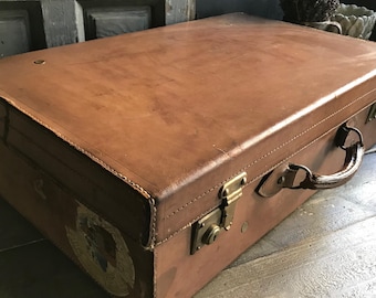 Vintage Retro Leather Suitcase 40s Boho Rustic Wabi Sabi