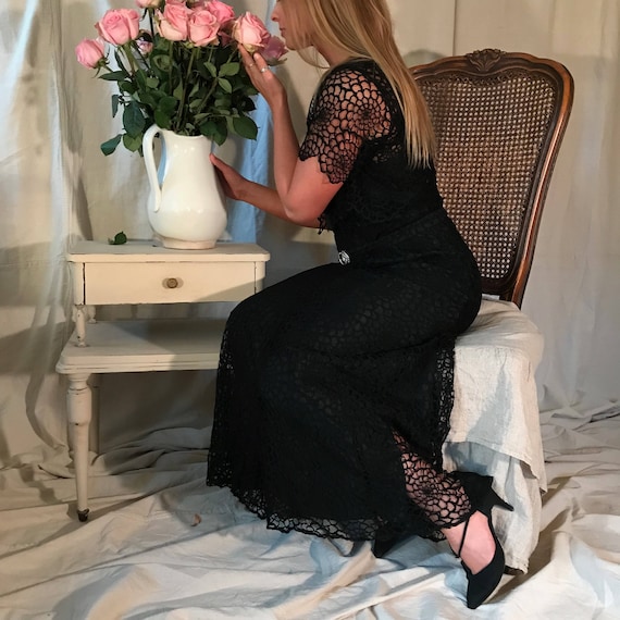 Art Deco 1930s Black Dress, Floral Lace, Formal Dr